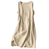 Tank Dresses for Women Summer Cotton Linen Midi Dress Sleeveless Loose Crew Neck Calf Length Beach Flowy Sundresses