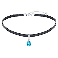 MICMIF 925 Sterling Silver Leather Choker Necklace Teardrop Blue Crystal Pendant Necklace Black Leather Collar Necklace Jewelry for Women and Girls