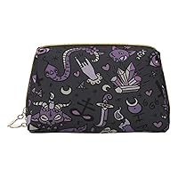 Purple Black Goth Spooky Print Leather Clutch Zipper Cosmetic Bag, Travel Cosmetic Organizer, Leather Storage Cosmetic Bag
