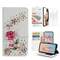 STENES Bling Wallet Phone Case Compatible with iPhone 15 Plus - Stylish - 3D Handmade Rose Flowers Floral Design Leather Girls Women Cover with Screen Protector [2 Pack] - Red
