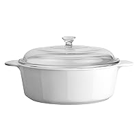 CorningWare Glass-Ceramic Pyroceram Round Classic Casserole, 2.4 Quart / 2.25 Liter Cooking Pot with Handles & Glass Cover - White (Medium)