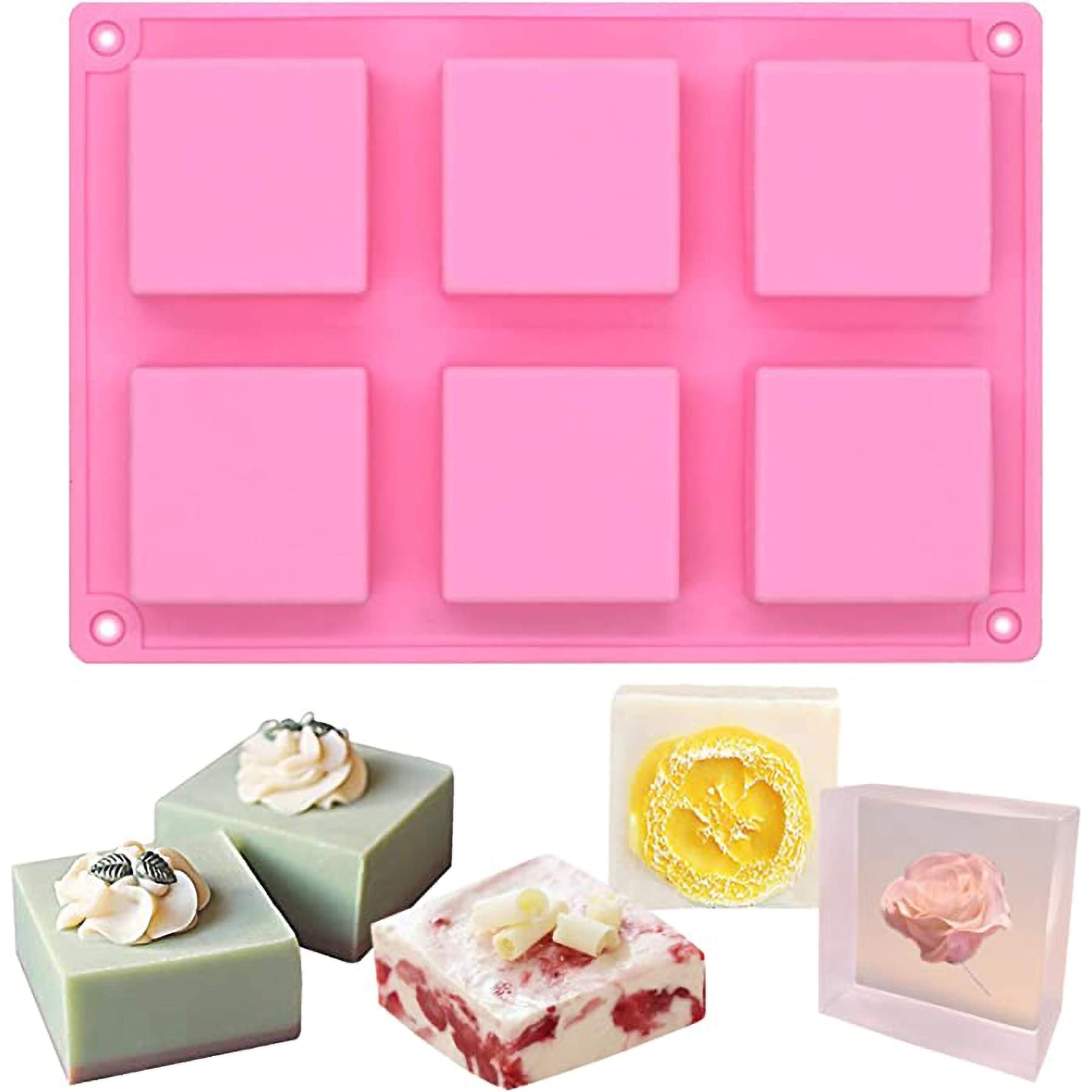 Funshowcase 6-Cavity Square Baking Silicone Mold for Cake Teacake Chocolate Desserts Cheesecake Cornbread Brownie Blancmange Pudding Soap Candle Making Resin Epoxy Casting Crafting Projects 2-in-set