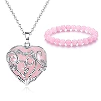Jovivi Bundle of Rose Quartz Healing Crystal Necklace for Women Flower Leaf Wire Wrapped Crystal Heart Necklace and Crystal Bracelets for Women