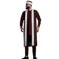 African Clothes for Men Suit Outfits Embroidery Jacket Shirt Pants Matching Hat 4 Pieces Set for Wedding
