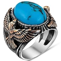 Solid 925 Sterling Silver Eagle Figure Oval Turquoise Stone Men's Ring