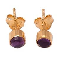 NOVICA Handmade .925 Sterling Silver 18k Gold Plated Amethyst Stud Earrings with Stone from Bali Indonesia Gemstone 'Petite Purple'