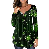 Women's Long Sleeve Tops V-Neck Button Down Collar Shirt Fashion St. Patrick's Day Printed Blouse Basic Casual Tunic
