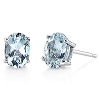 Peora 14K White Gold Aquamarine Earrings for Women, Genuine Gemstone Birthstone Classic Solitaire Studs, 7x5mm Oval Shape, 1.25 Carats total, Friction Back