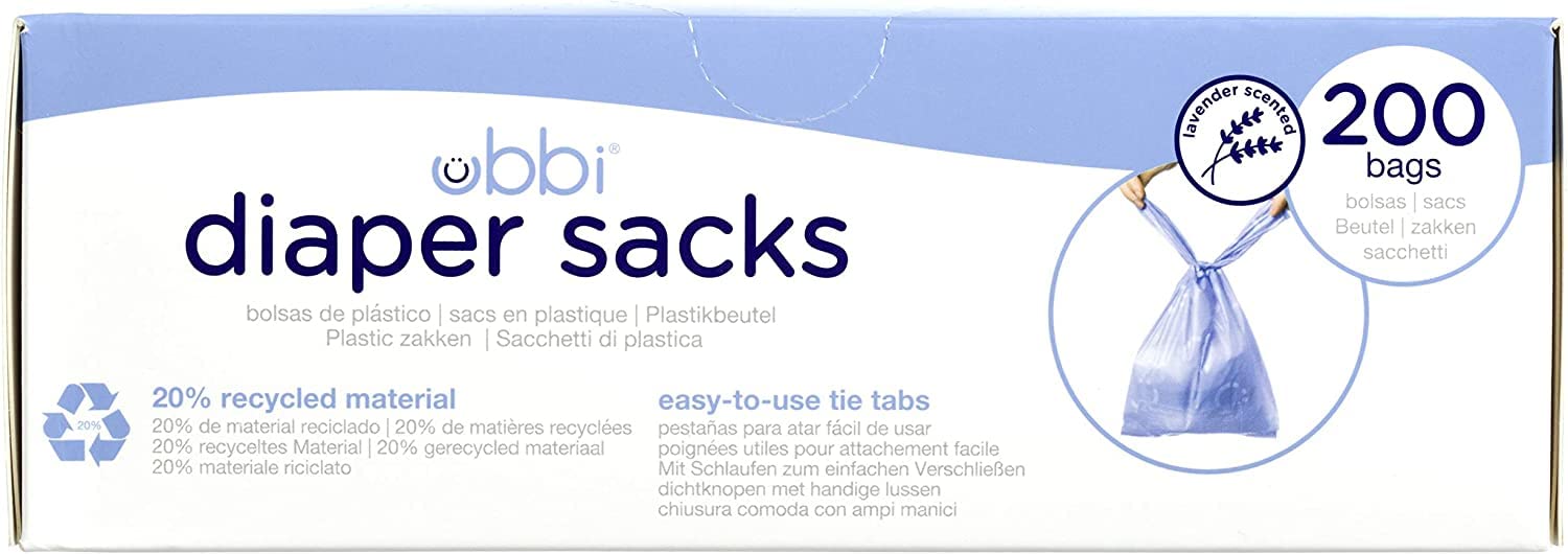 Ubbi Disposable Diaper Sacks, Lavender Scented, Easy-To-Tie Tabs, Diaper Disposal or Pet Waste Bags, 200 Count