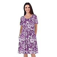 Women's Short Sleeve Empire Knee Length Dress with Pockets Purple and Wht