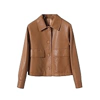 Autumn Leather Jacket Women's Sheep Leather Loose Fit Fashion Short Leather Square Collar