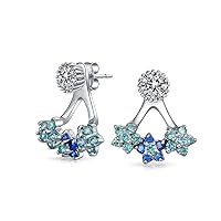 Aqua Blue Cubic Zirconia Flower Fan CZ Ear Back Front Stud Jacket Earrings For Women For Teen .925 Sterling Silver