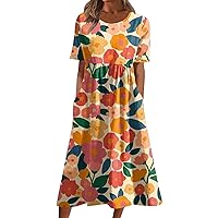 Women's Beachy Dresses for Woman Sleeve Bohemian Floral Round Neck Flowy Boho Dresses with Pockets Outfits, S-3XL