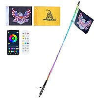 1 PC 3 FT Whip Light, APP & RF Remote Control Led Whip Light, Waterproof 360° Spiral RGB Chasing Lighted Whips with 2 Flags, for UTVs, ATVs, Motorcycles, RZR, Can-am, Trucks, Off-Road, Go-Karts