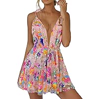 Sexy Women's Sparkly Floral Sequin Dress Summer Backless Low-Cut Shinny Mini Dress for Party Cocktail Clubwear