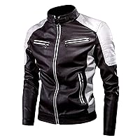 Men's Vintage Stand Collar Pu Leather Motorcycle Jacket Fashion Color Block Varsity Bomber Jacket Coat Outwear