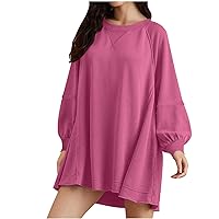 2024 Oversized Mini Shirt Dress Women Long Sleeve Crewneck Lightweight Sweatshirt Dress Casual Pullover Tunic Dress