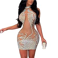 Women's Sexy Sleeveless Mini Dress Mesh Rhinestone See Through Party Clubwear Bodycon Dress
