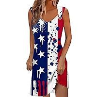 Blue White Striped Dress 4th of July Dress for Women America Flag Print Sexy Vintage Fashion with Sleeveless Round Neck Splice Dresses Deep Red Medium