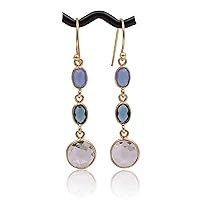 Handmade Bezel Set Earring Jewelry | Designer Gemstone Amethyst & Chalcedony Hook Earring | Gold Plated Bezel Dangle Hook Earring | Gift For Her Bezel Set Pair | 1759)179