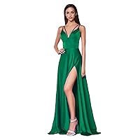 Tsbridal Long Prom Dresses for Women Split Spaghetti Strap Satin A Line Formal Wedding Evening Dress