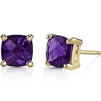 Peora Solid 14K Yellow Gold Amethyst Stud Earrings for Women, Genuine Gemstone Birthstone Classic Solitaire, Cushion Cut 6mm, 1.75 Carats total, Friction Back