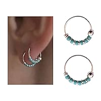 Pair of Very Small 10mm Sterling Silver Turquoise Beaded Helix, Cartilage, 2nd Ear Piercing | Handmade Dainty Hoops