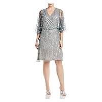 Adrianna Papell Womens Gray Sequined Zippered Lined Flutter Sleeve V Neck Above The Knee Party Sheath Dress 0