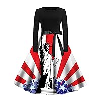 joysale Women's Independence Day Dresses Print Long Sleeve A-Line Beach Dress Tie Zipper Maxi Skirt Plus Size Dress