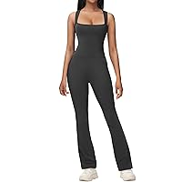 Flare Jumpsuits for Women Full Length Bodysuit Strappy Square Neck Bodycon Yoga Rompers Unitard Jumpsuit with Pockets