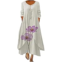 Women Irregular Hem Button Down V Neck Baggy Dress Long Sleeve High Waist Fashion Flower Print Casual A-Line Dresses