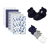 Bundle of Burt's Bees Baby - Burp Cloths, 5-Pack + Baby Boys Booties, Organic Cotton Adjustable Infant Shoes Slipper Sock + Baby Unisex Baby Mittens, Set of 3 Gloves, Midnight
