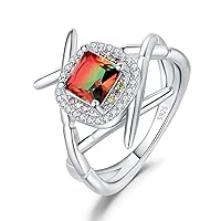 Chopsticks Sushi 1.2ct Nano Simulated Watermelon Tourmaline Cocktail Rings for Women, 14k White Gold Plated 925 Sterling Silver Rings for Her, Multicolor Gemstone Jewelry Sets for Girls