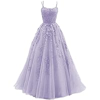 Backless Flower Tulle Prom Dresses Long Spaghetti Strap Bridesmaid Dresses for Women Formal Lace Appliques Ball