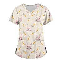 Cute Summer Tops for Women,Women's Fashion V-Neck Short Sleeve Workwear with Pockets Printed Tops Spring Tops