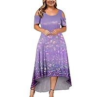 Women's Large Size Short Sleeve Fashion Print Round Neck Strapless Boho Dress 2024 Trendy Beach Sundress