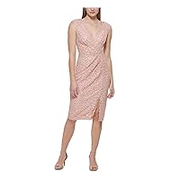 Vince Camuto Womens Pink Sequined Zippered Slit Lined Shoulder Pads Pleated Floral Sleeveless V Neck Knee Length Evening Sheath Dress 4
