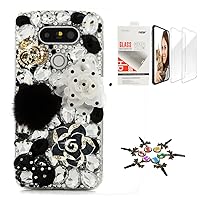 STENES Bling Phone Case Compatible with LG K92 5G Case - Stylish - 3D Handmade [Sparkle Series] Rose Camellia Flowers Crown Polka Dot Bowknot Design Cover with Screen Protector [2 Pack] - Black&White