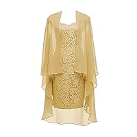Column 3/4 Sleeves Lace Chiffon Short Wedding Mother Evening Dresses Formal Gold Size 12