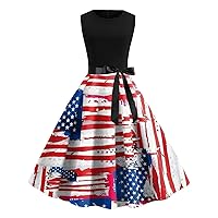 Summer Casual Dresses for Women 2024 Floral,Womens Summer Round Neck Sleeveless America Flag Print Vintage Rock