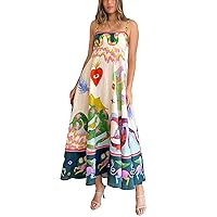 Women Boho Graffiti Cami Maxi Dress Loose Sleeveless Spaghetti Strap Dress Cute Print Flowy Aline Long Sundress