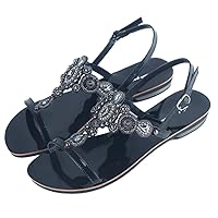 Women Boho Peep Toe String Bead Sandals Female Heel Summer Slipper Lady Beach Casual Shoes Plus Size Black 12