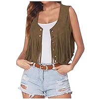 Fringe Vest Women Faux Suede Open-Front Vintage Vests 70s Hippie Clothes Boho Western Button Down Sleeveless Jacket