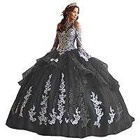 Women's Off Shoulder Quinceanera Dresses Lace Appliques Long Sleeve Prom Ball Gown