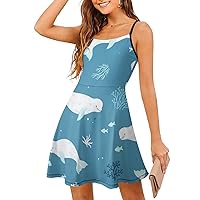 Fantastic Beluga Whale Spaghetti Strap Mini Dress Sleeveless Adjustable Beach Dresses Backless Sundress for Women