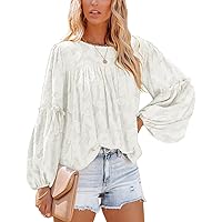 Viracy Womens Long Lantern Sleeve Blouses Crewneck Double Layers Lace Babydoll Tops Floral Textured Flowy Shirts
