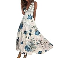 Dresses for Women 2024 Sundress Casual Long Maxi Swing Dress A Line Dress Print Sleeveless V Neck Dress