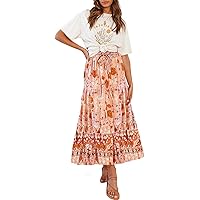 MEROKEETY Women's Boho Floral Print Elastic High Waist Pleated A Line Maxi Skirt