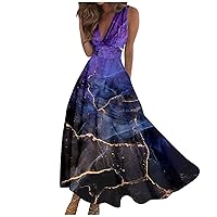 Beach Dresses for Women Deep V Neck Elegant Sleeveless Long Dress Casual Floral Sexy Dresses Maxi Cute Swing Dress