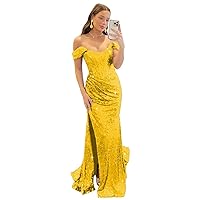 Off The Shoulder Sequin Prom Dresses 2024 Mermaid Long with Slit Formal Evening Dresses